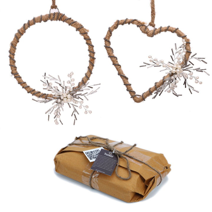 Back To Nature Wreath & Heart Hanging/ Natural, Silver & White/ 6"x6" / Set of 2