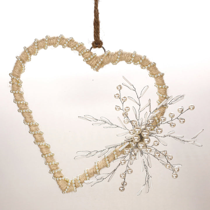 Back To Nature Wreath & Heart Hanging/ Cream, Silver & White/ 6"x6" / Set of 2