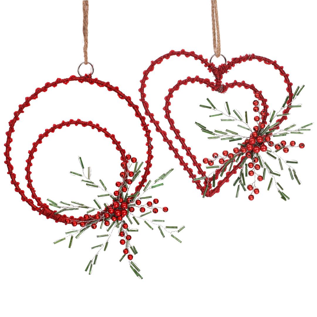 Back To Nature Wreath & Heart Hanging/ Red & Green/ 6"x6" / Set of 2
