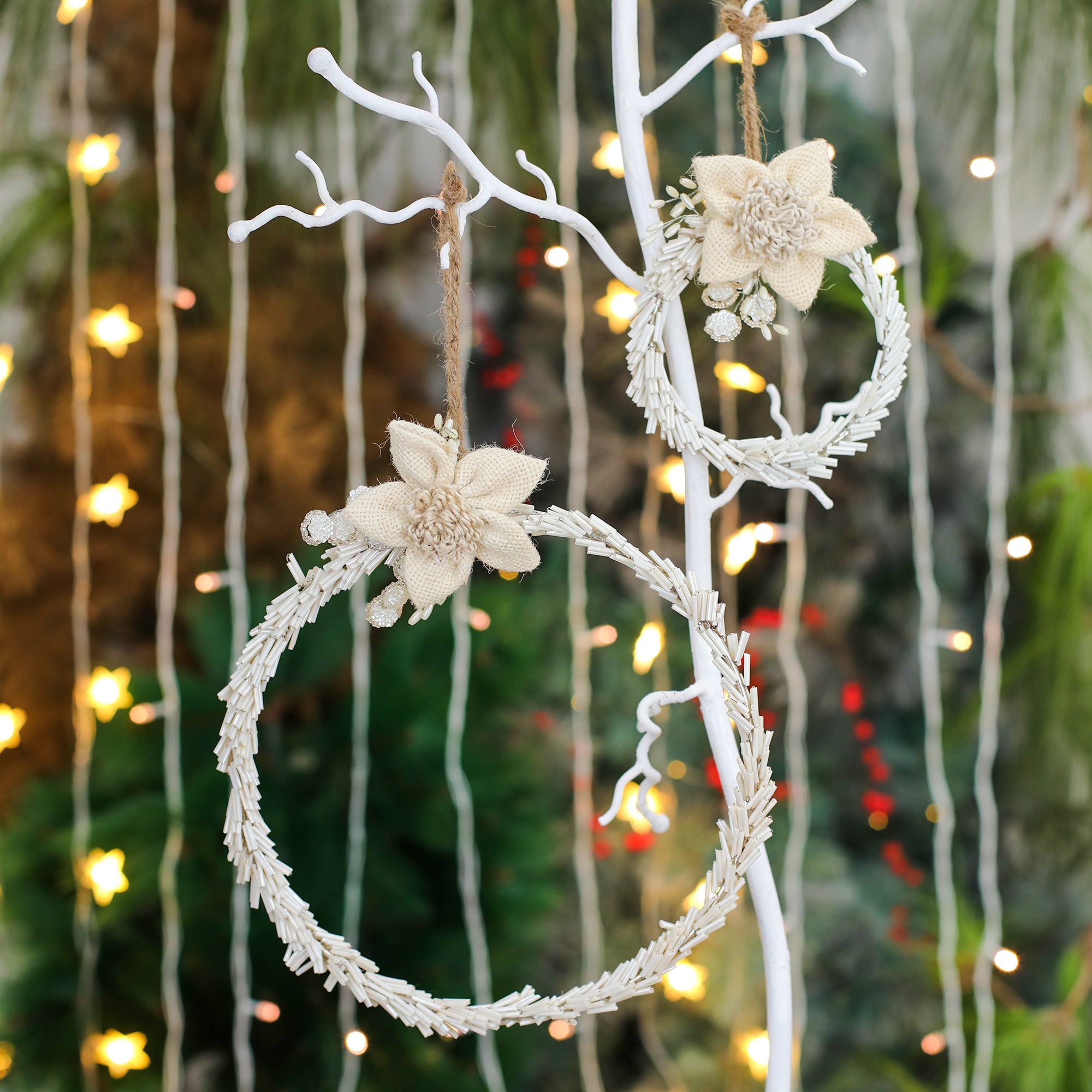 Inner-Circle Beaded Wreath Hangings / Cream / 4" & 8" / Set of 2 - trunkin.in
