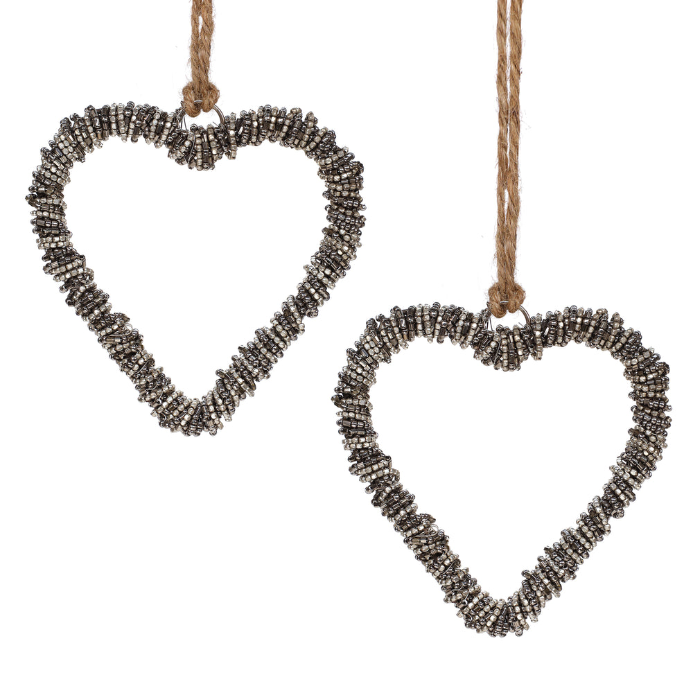 Heart Glass Beaded Holiday Hanging / Smoke / 4" / Set of 2 - trunkin.in