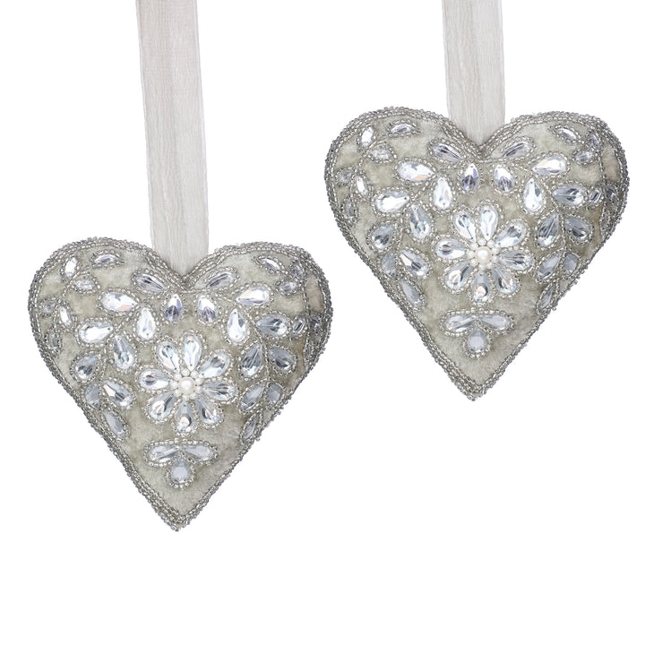 #LOVE Bead Embroidered Heart Hanging / Lt. Grey / 6"x6" / Set of 2 - trunkin.in