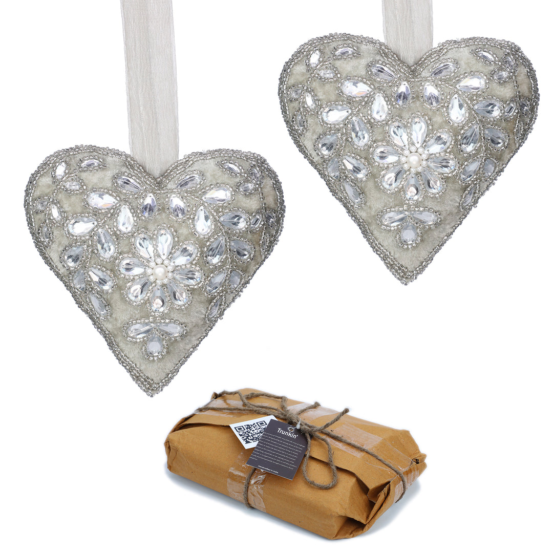 #LOVE Bead Embroidered Heart Hanging / Lt. Grey / 6"x6" / Set of 2 - trunkin.in