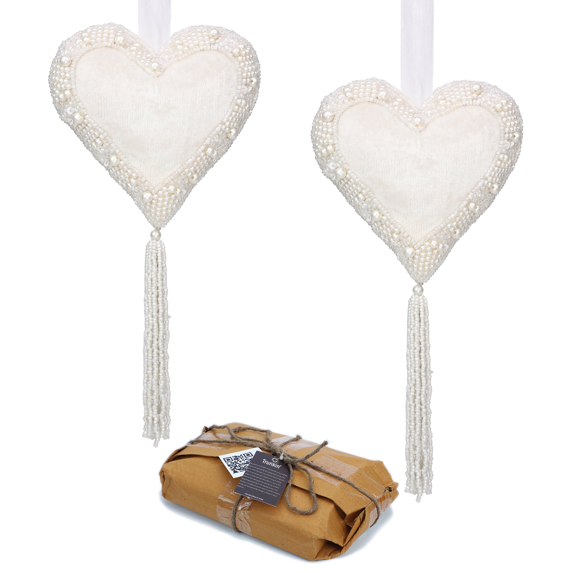 Sugar & Spice Bead Embroidered Tessel Plush Hangings / White / 6" / Set of 2 - trunkin.in