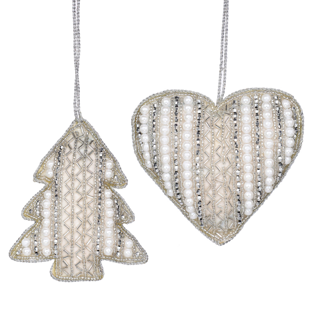Sugar & Spice Bead Embroidered Plush Hangings / White, Silver / 4" / Set of 2 - trunkin.in