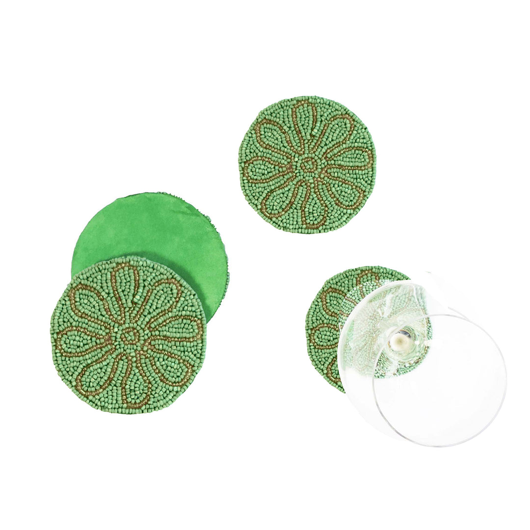 Petal Impressions Embroidered Coaster/ set of 6 / 4" Round/Pale Green