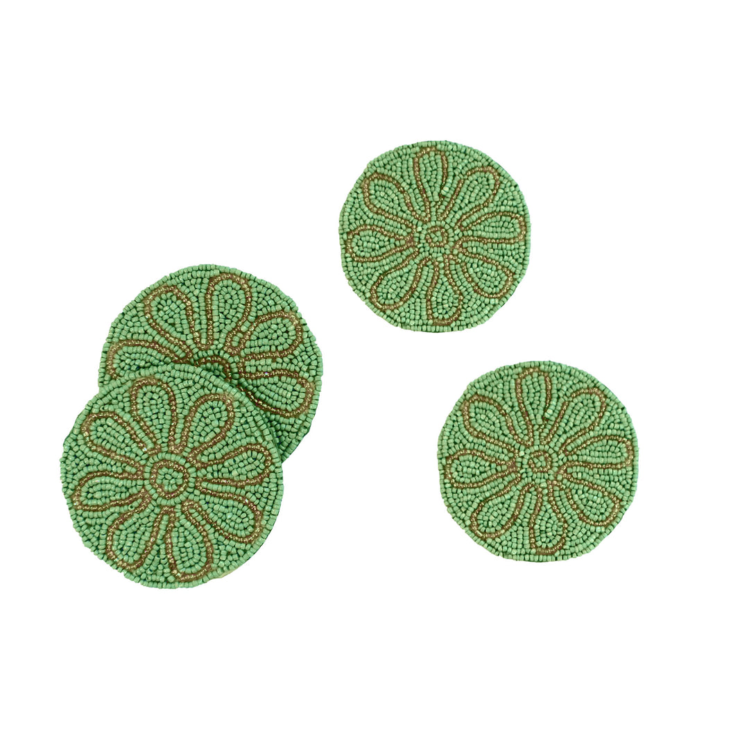 Petal Impressions Embroidered Coaster/ set of 6 / 4" Round/Pale Green
