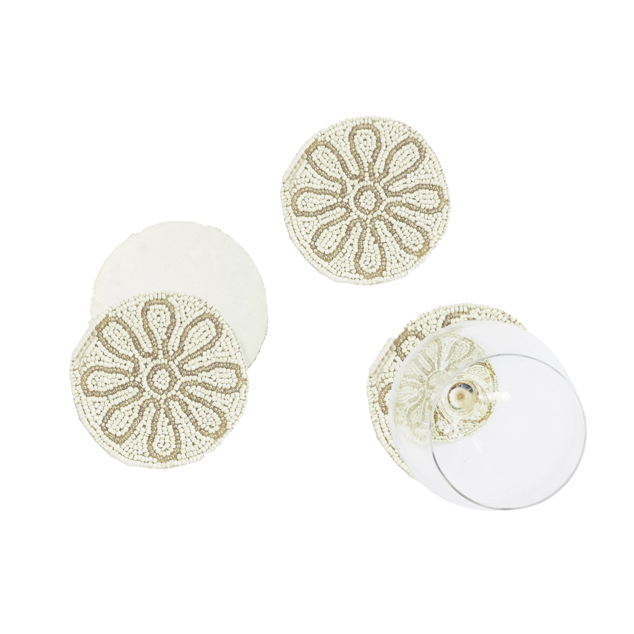Petal Impressions Embroidered Coaster/ set of 6 / 4" Round/Pale Cream