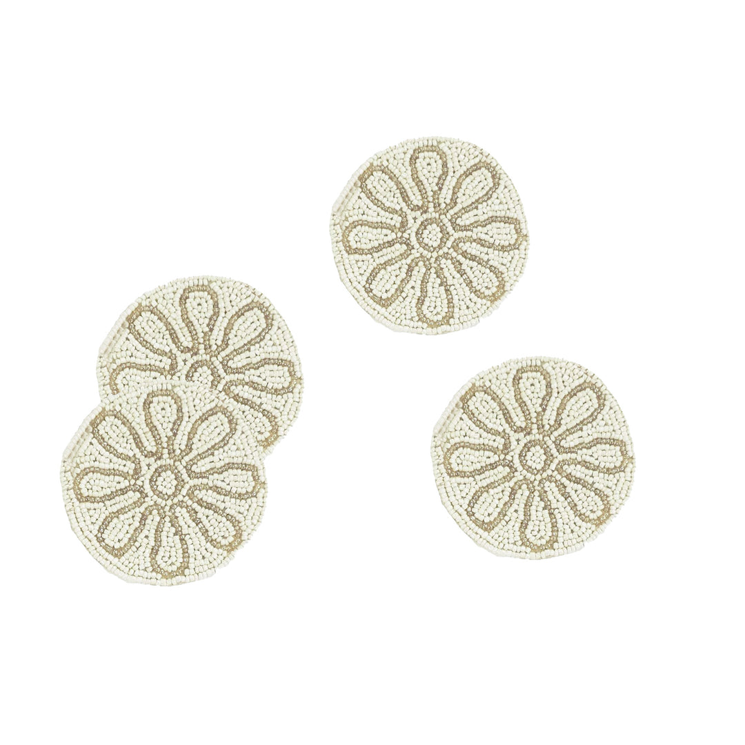 Petal Impressions Embroidered Coaster/ set of 6 / 4" Round/Pale Cream