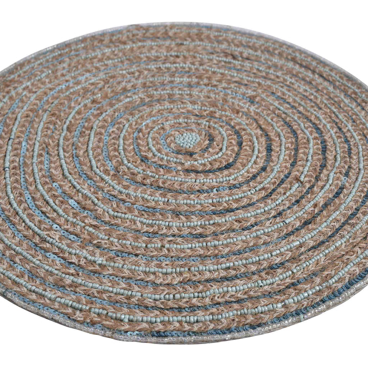 Jute Embroidered Placemat / Set of 2 / 14in. Round / Teal & Natural