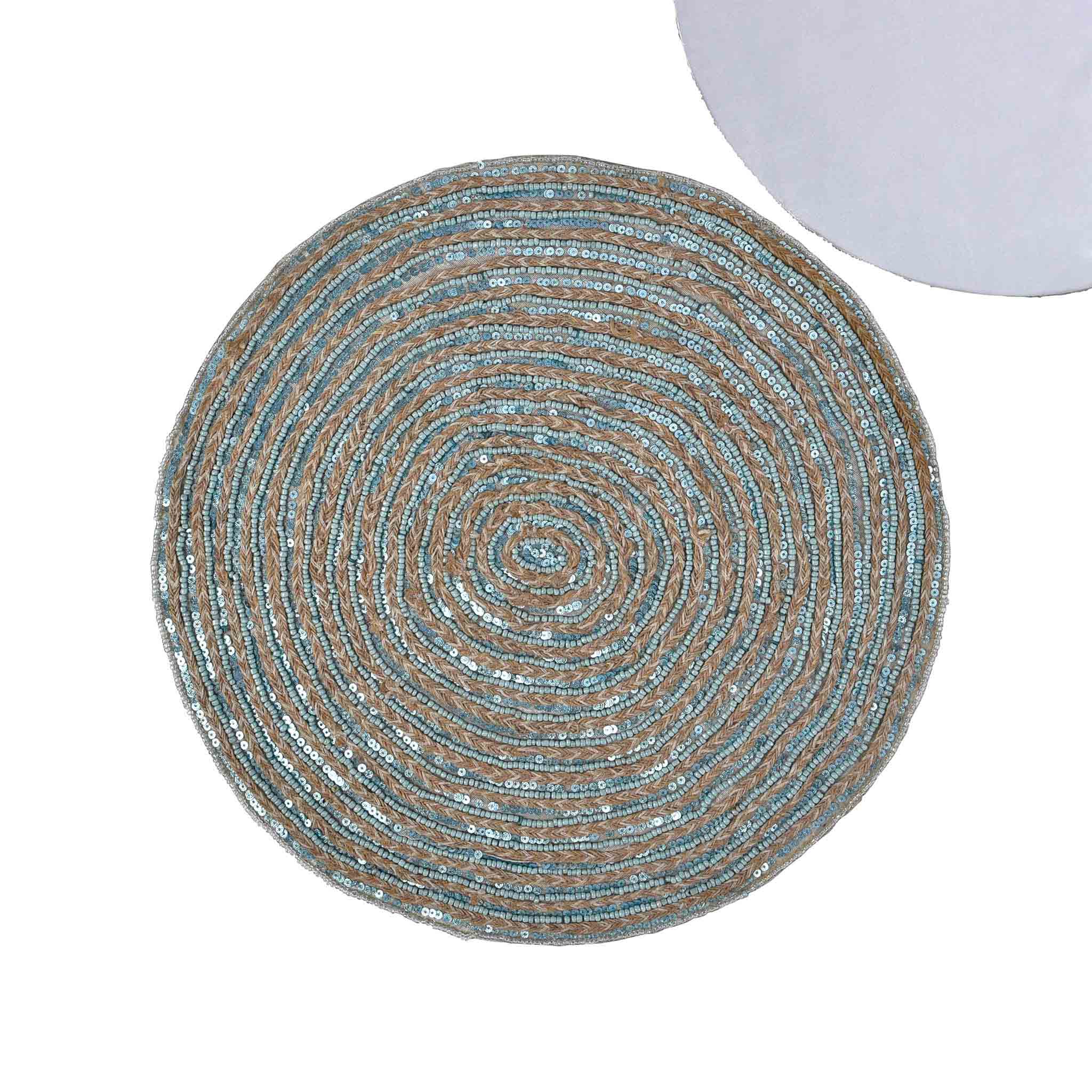 Jute Embroidered Placemat / Set of 2 / 14in. Round / Teal & Natural