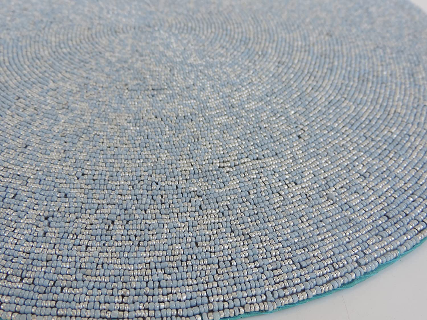 Glass Bead Embroidered Placemats, Chargers/ 15 inch Round / set of 2 / Blue & Silver