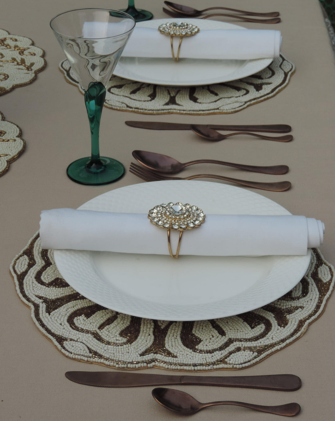 Glass Bead Embroidered Placemats, Chargers / Set of 2 / 14in. Round / Cream & Gold - trunkin.in