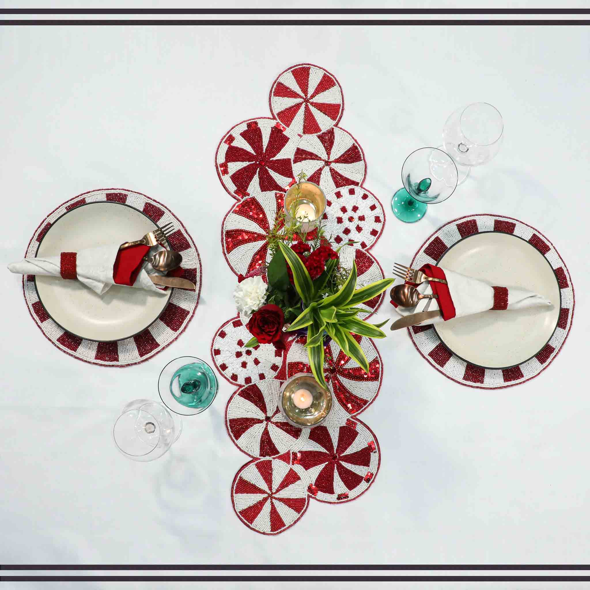 Minted bead embroidered placemat/red & white/ 13.5" round/ Set of 2