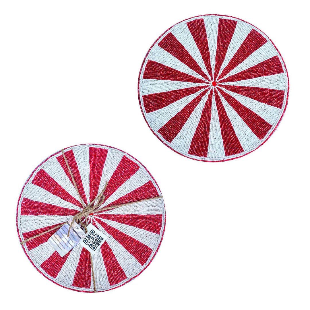 Minted bead embroidered placemat/red & white/ 13.5" round/ Set of 2
