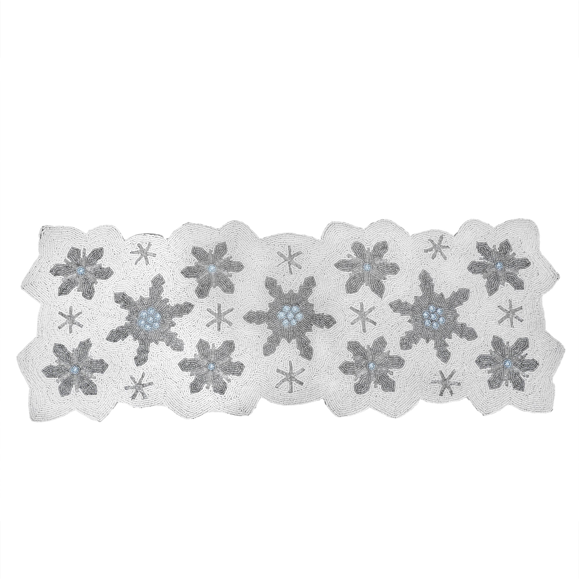 Let it Snow Bead Embroidered Table Runner / White, Silver / 36"x13" / Set of 1 - trunkin.in