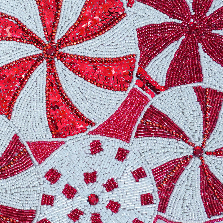 Minted bead embroidered table runner\red & white\36"x13"