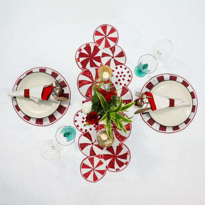 Minted bead embroidered table runner\red & white\36"x13"