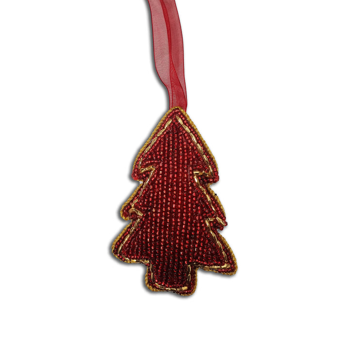 Embroidered Tree Hangings / Red & Gold/ 4" / Set of 2