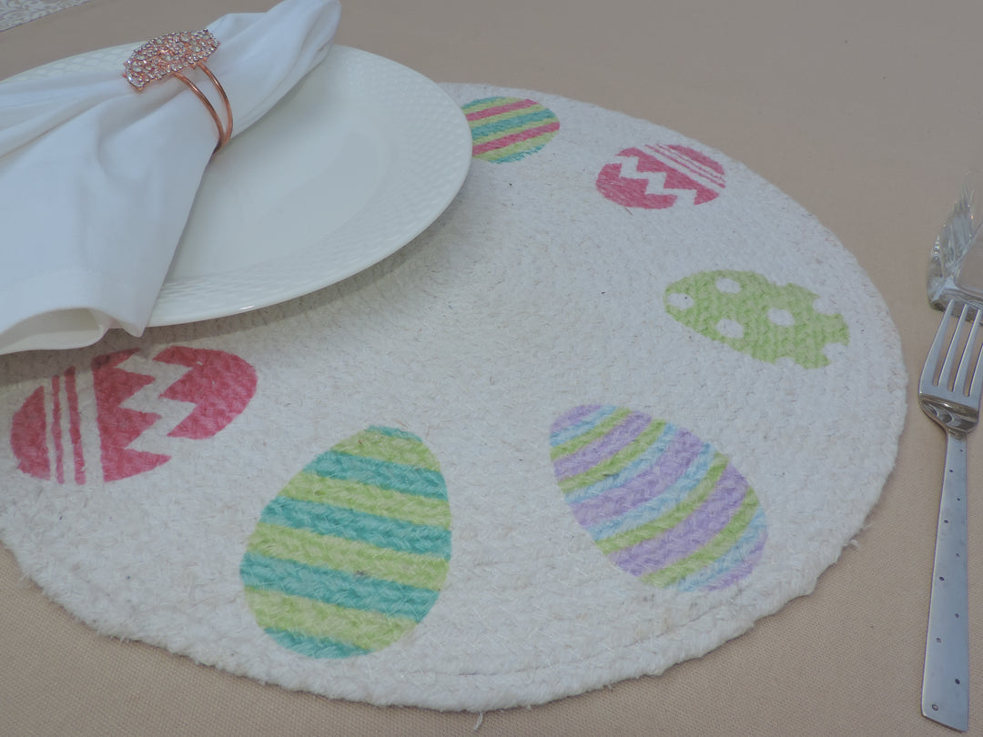 Jute Placemats, Chargers / Set of 2 / 15 in. Round/  White with Egg Design
