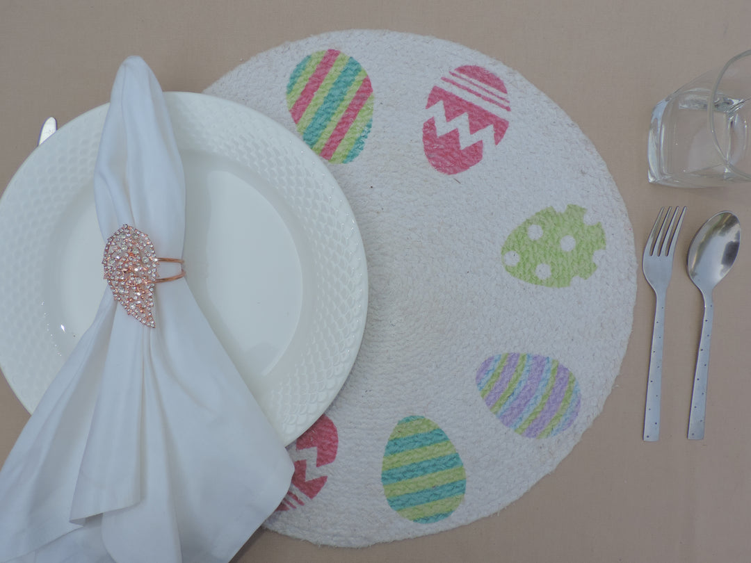 Jute Placemats, Chargers / Set of 2 / 15 in. Round/  White with Egg Design