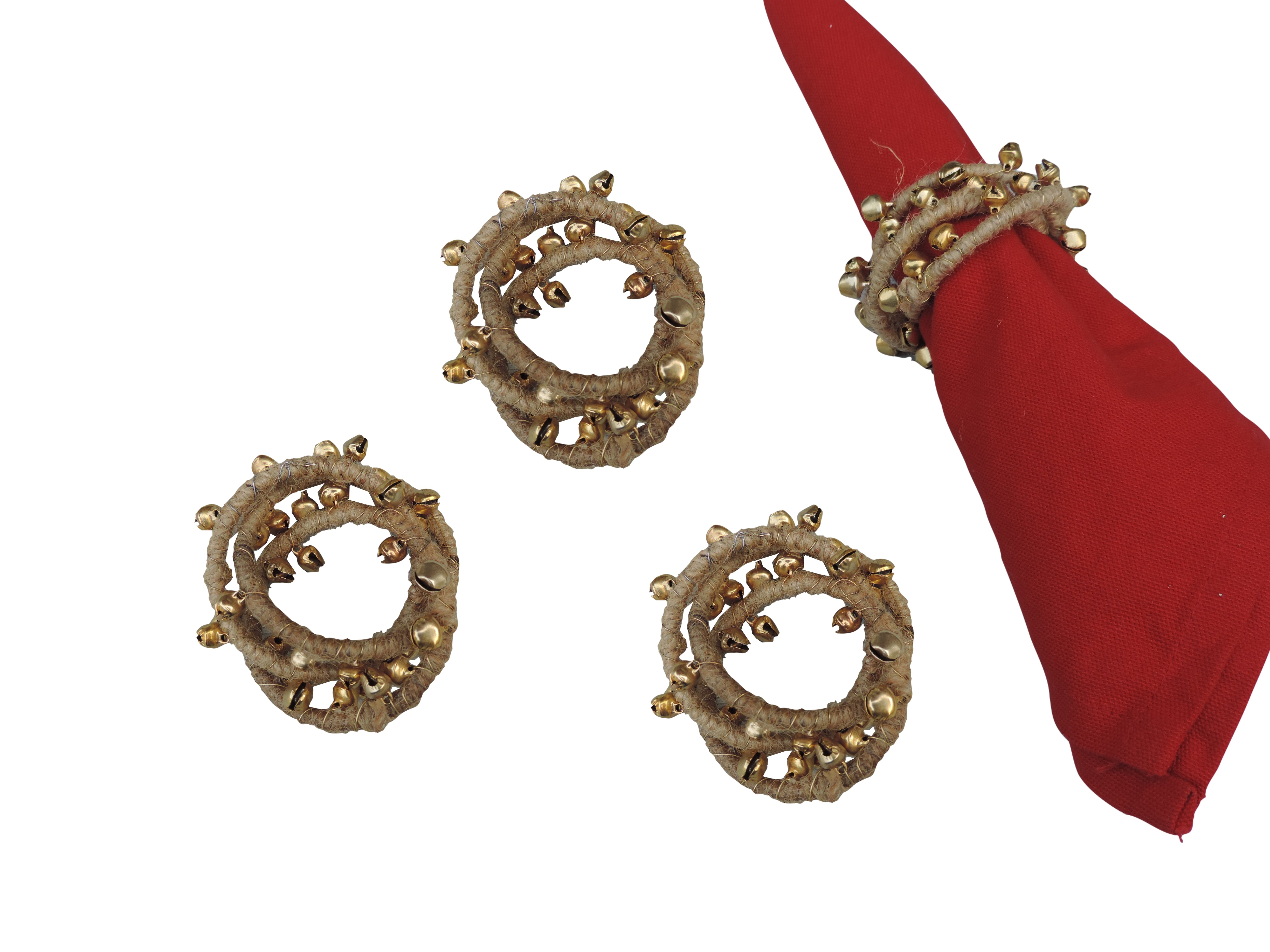 With Bells On Jute Napkin Rings / Set of 4 / Natural Gold