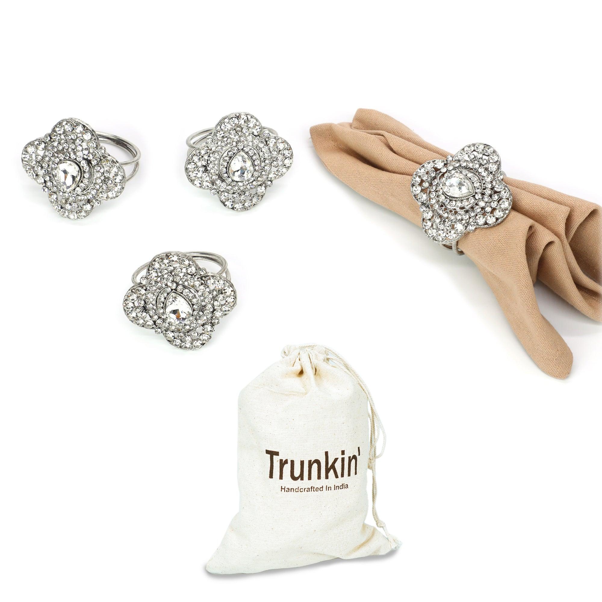 Bold & Beautiful Jeweled Napkin Rings / Silver / 2.20"x2" / Set of 4 - trunkin.in