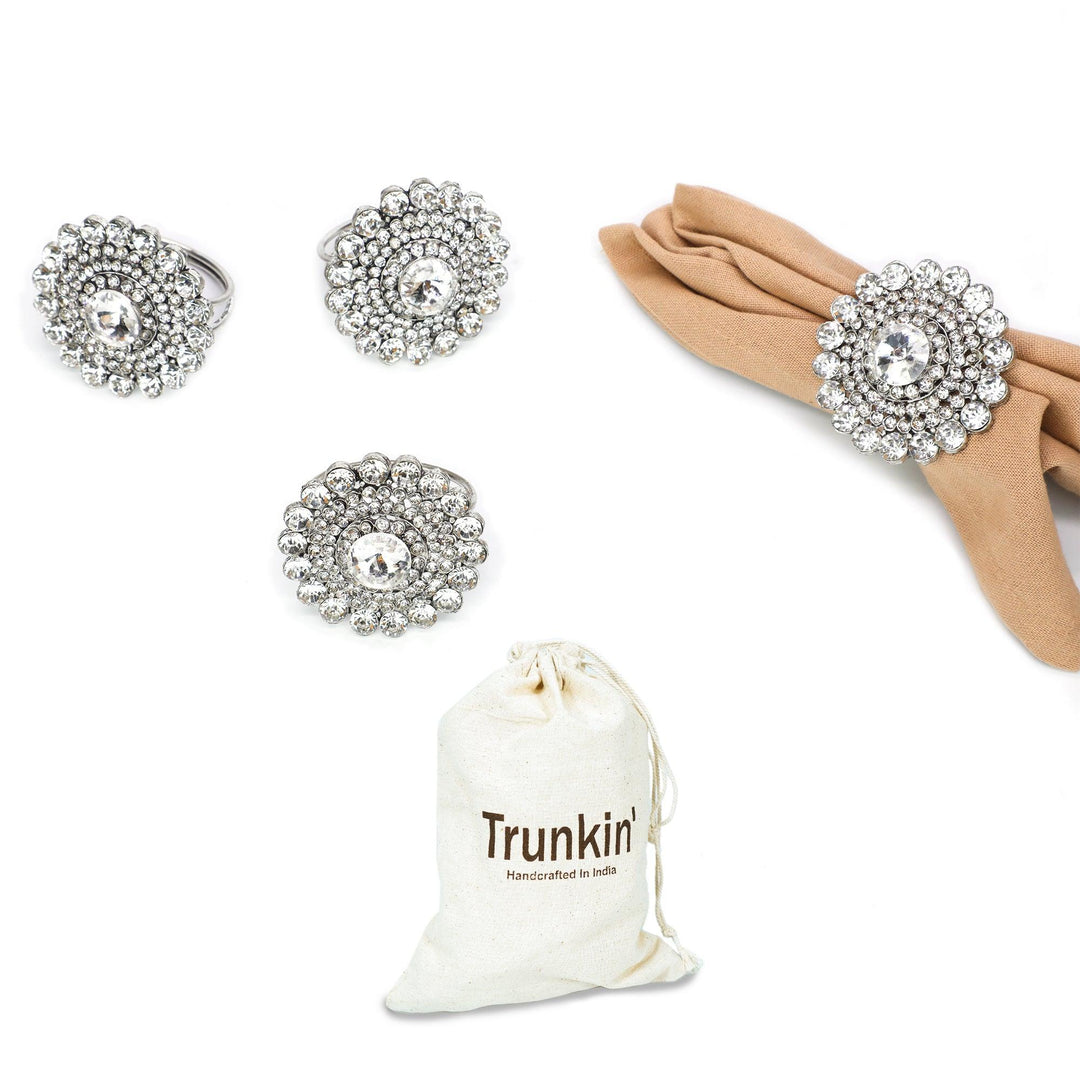 Bold & Beautiful Jeweled Napkin Rings / Silver / 2.5"x2" / Set of 4 - trunkin.in