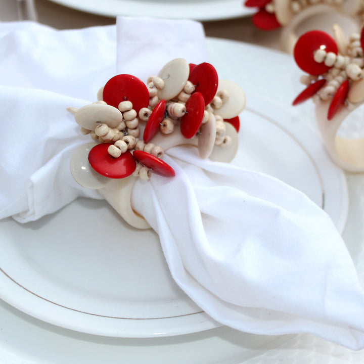 Linen by Trunkin'/ Resin Napkin Ring Set of 4 / Red & Natural/2" Dia