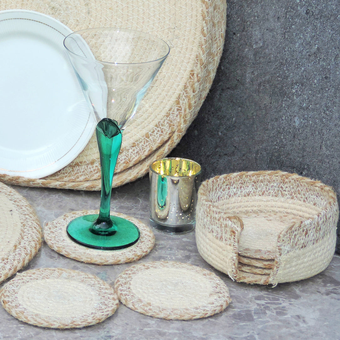 Cream & Natural Jute Coaster with Holder set of 6 - 4"